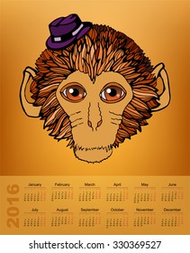 Calendar for 2016 with a portrait of the golden monkey hat, vector illustration