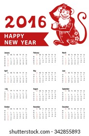 Calendar 2016 with red Monkey.Chinese zodiac in modern flat style.Sign,symbol,icon icon.New year holiday Vector  background.Week starts from sunday,american.Vertical