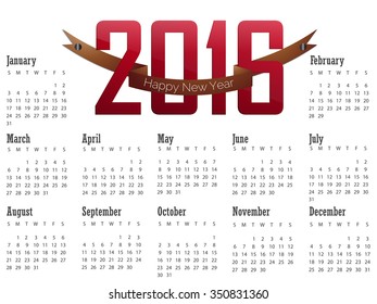 Calendar 2016 red text with ribbon and white background vector design esp10.