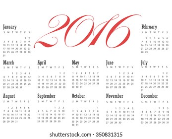 Calendar 2016 red text vector eps10.