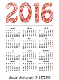 Calendar 2016 with red title numerals designed in hand-drawn zentangle style 