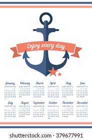 Calendar for 2016 with ribbon and anchor. Enjoy every day. Week starts on Sunday