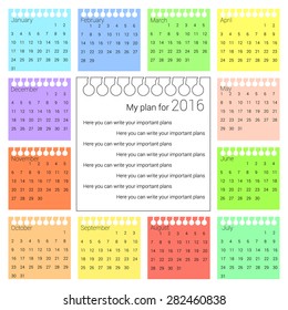 Calendar for 2016  in seasonal colors. Paper for notes. Weeks start on Sunday. Plans for the year.