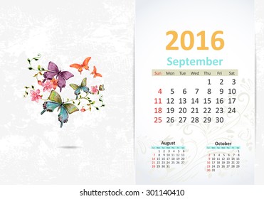 Calendar for 2016, September