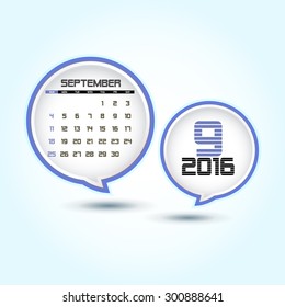 Calendar 2016 September with glossy speech bubble (week starts from Sunday)
