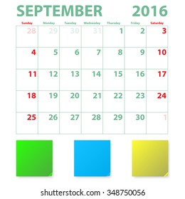 Calendar 2016 September monthly plan vector illustration