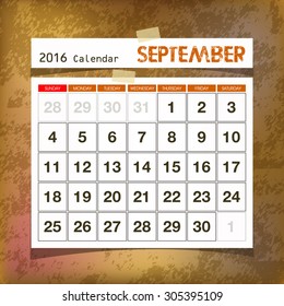 Calendar 2016 September vintage paper on grunge background

