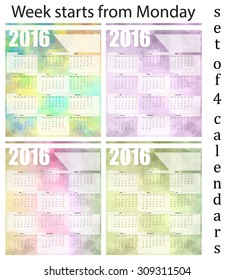 Calendar 2016, set of four templates week starts with Monday, vector illustration
