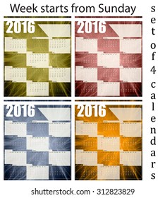 Calendar 2016, set of four templates, week begins on Sunday, vector illustration