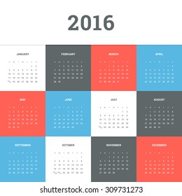 Calendar 2016. Simple flat design vector template