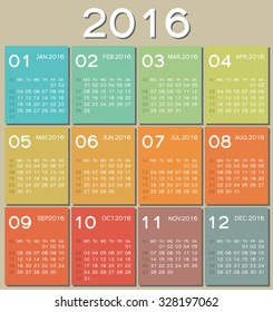 Calendar 2016. Simple flat design. The colors of the season