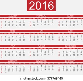 CALENDAR 2016 SIMPLE STYLE RED