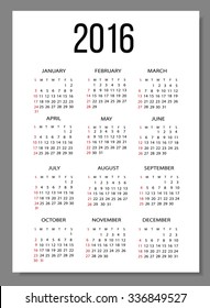 Calendar 2016 simple, vector eps10 illustration