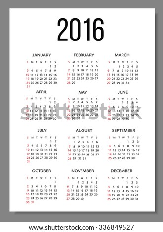 Calendar 2016 simple, vector eps10 illustration