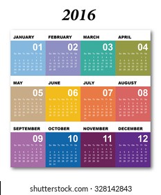 Calendar for 2016. Simple Vector Template. 2016 calendar simple design.
