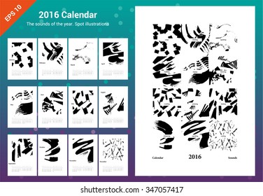 Calendar 2016. The sounds of the year. Hand drawn grayscale spot illustrations. Full vector EPS 10. Week starts monday.