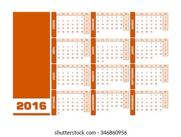 Calendar 2016 Spanish. Vector illustration with empty space for your contents. All elements sorted and grouped in layers for easy edition