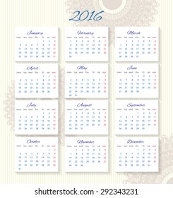 Calendar 2016 starting from monday with geometric background
