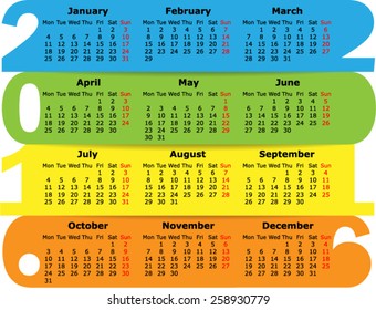 Calendar 2016, starting Monday. Vector Illustration