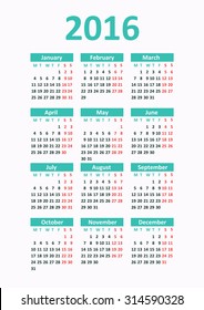 Calendar 2016 starting from Monday. Vector illustration