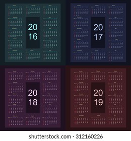 Calendar 2016 starting from sunday. Calendar 2017 starting from sunday. Calendar 2018 starting from sunday. Calendar 2019 starting from sunday. Dark colors background. Vector illustration.