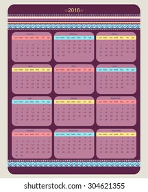 Calendar 2016 starting from sunday with geometric ethnic background