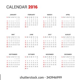 Calendar 2016 Sunday First