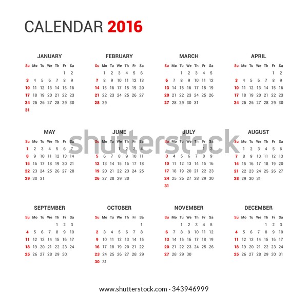 Calendar 2016 Sunday First Stock Vector (Royalty Free) 343946999