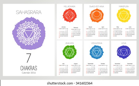 Calendar 2016 template with 7 chakras set of 12 months vector isolated on white background, the symbol of Hinduism, Buddhism. Hand painted texture. For design, associated with yoga and India.