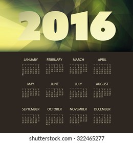 Calendar 2016 Template with Green and Yellow Triangular Geometric Background. Vector Illustration