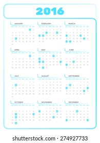 Calendar 2016 template in light blue. Editable vector with several layers. Eps 10