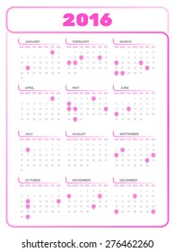 Calendar 2016 template in light pink. Editable vector with several layers. Eps 10