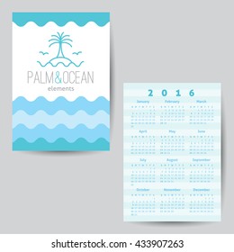 Calendar 2016 template with logo for travel agency. Palm, seagulls, island and waves, single line design
