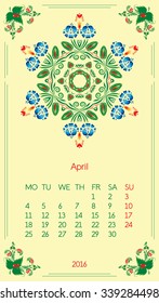 Calendar 2016. Template for month April. Vintage decorative elements in style ukrainian folk ornament.