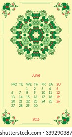 Calendar 2016. Template for month June. Vintage decorative elements in style ukrainian folk ornament.