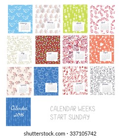 Calendar 2016 template set with floral patterns - vector illustrations