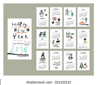 Calendar 2016. Templates with cute and funny hand drawn elements. Vector illustration. Isolated. RGB. Gradients free. Elements are grouped separately 