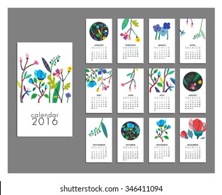 Calendario 2016. Plantillas con hojas cortadas y flores. Aislado