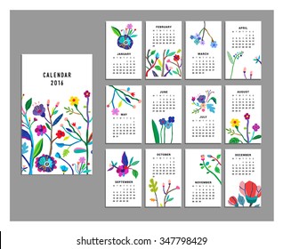 Calendar 2016. Templates with cutout leaves and flowers. Isolated