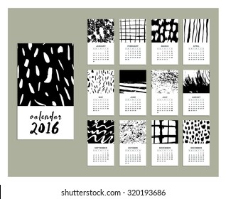 Calendar 2016. Templates with Hand Drawn textures made with ink. Vector. Isolated.