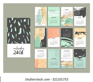 Calendar 2016. Templates with Hand Drawn textures made with ink. Vector. Isolated.