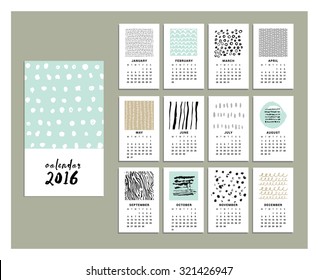 Calendar 2016. Templates with Hand Drawn textures made with ink. Vector. Isolated.