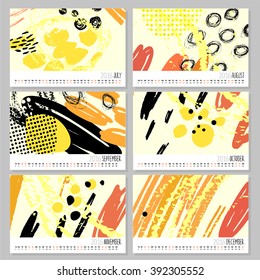 Calendar 2016. Templates with Hand Drawn textures made with ink. Vector. Isolated.