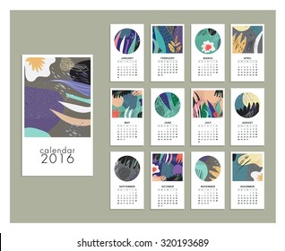 Calendar 2016. Templates with leaves and flowers. Isolated