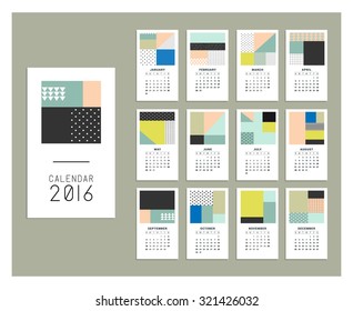 Calendar 2016. Templates with trendy geometric patterns and colors. Gradients free. Isolated