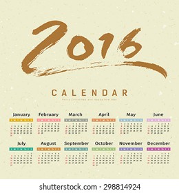 Calendar 2016 text paint brush on paper recycle background, vector illustration