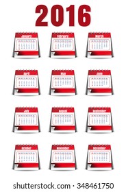 Calendar for 2016 th year. Loose-leaf desk calendar. Twelve months. Vector illustration.