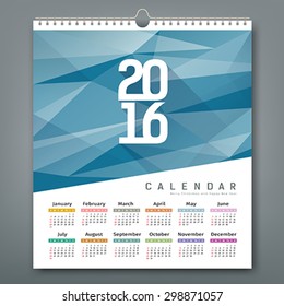 Calendar 2016, triangles geometric blue background, vector illustration