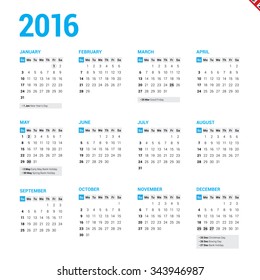 Calendar 2016 United Kingdom UK with Holidays