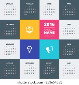 Calendar 2016 vector decign template. Week starts Sunday
